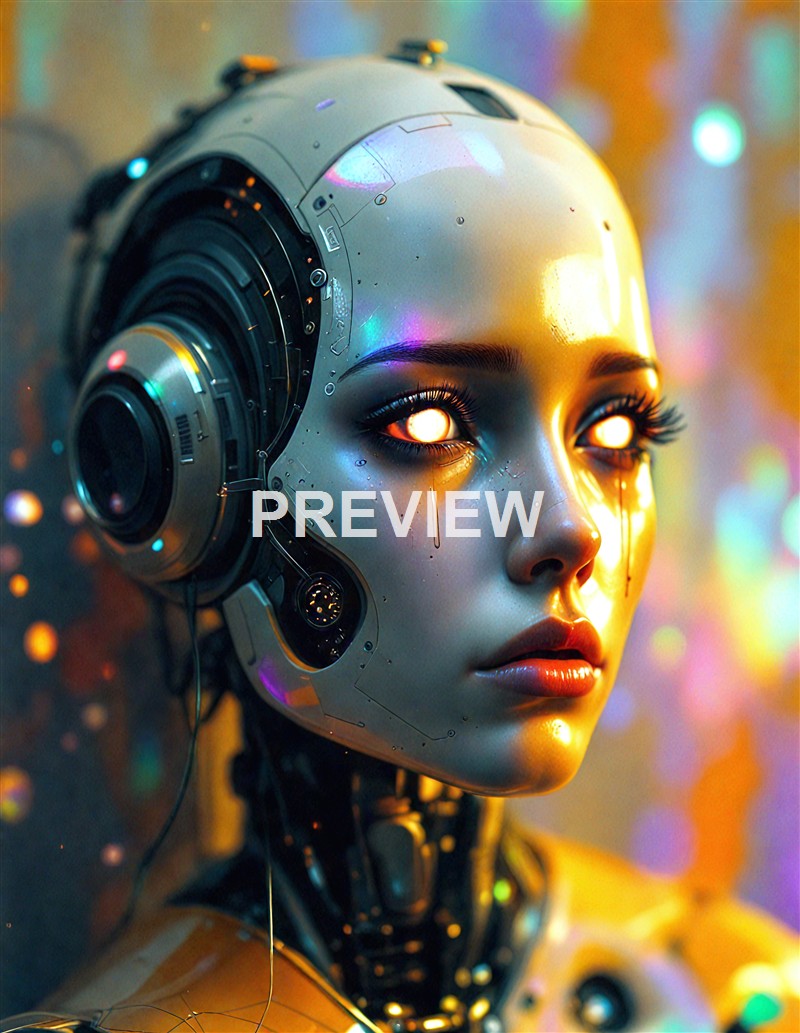 A highly detailed futuristic female android with glowing eyes, metallic skin, and intricate mechanical components integrated into her head and neck.